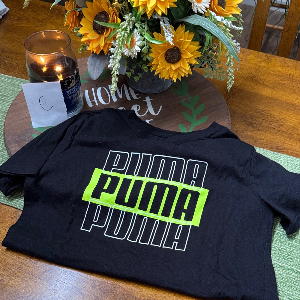 Puma Black and Neon Green Kids Short Sleeve Tee